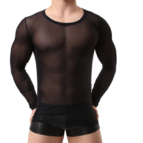 WINDAY Men's Sexy Long Sleeve Mesh Top black